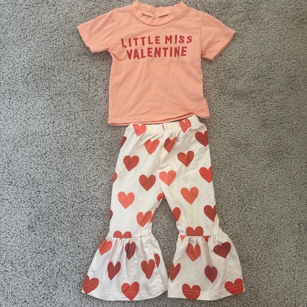 Little Miss Valentine Pink Tee & Heart Print Ruffle Bell Bottom Pants Set